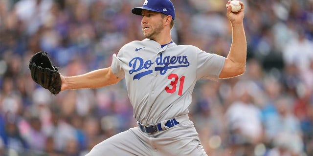 Los Angeles Dodgers starting pitcher Tyler Anderson works against the Colorado Rockies during the first inning of a baseball game Monday, June 27, 2022, in Denver.