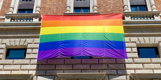 A rainbow Pride flag flies at the U.S. Embassy to the Holy See.