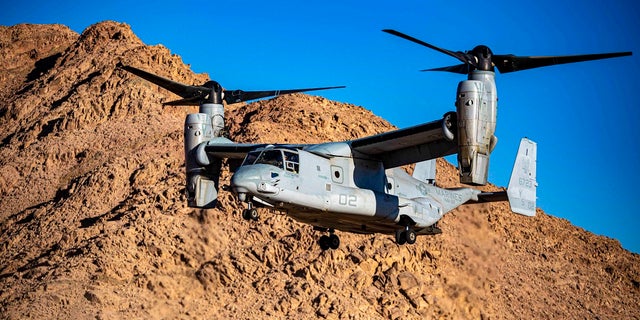 FILE- An MV-22B Osprey tiltrotor aircraft attached to the 24th Marine Expeditionary Unit (MEU) prepares to land in support of a theater amphibious combat rehearsal (TACR) at Camp Titin, Jordan. An MV-22B Osprey crashed Wednesday in California, the Marine Corps said. 