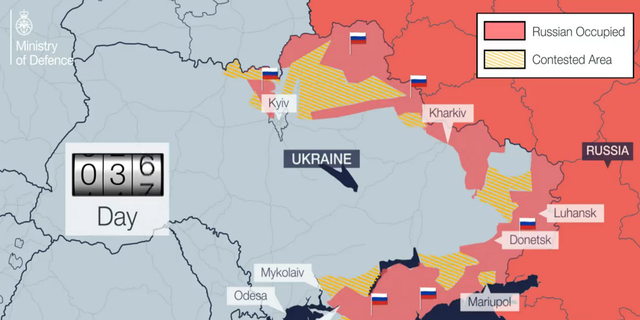The video shows Russia drawing closer to Kyiv before being pushed back by Ukrainian forces.