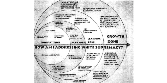 Students were also given a chart called "How am I addressing White Supremacy" that accuses them of "'racism'…based purely on the color of their skin," according to the lawsuit.