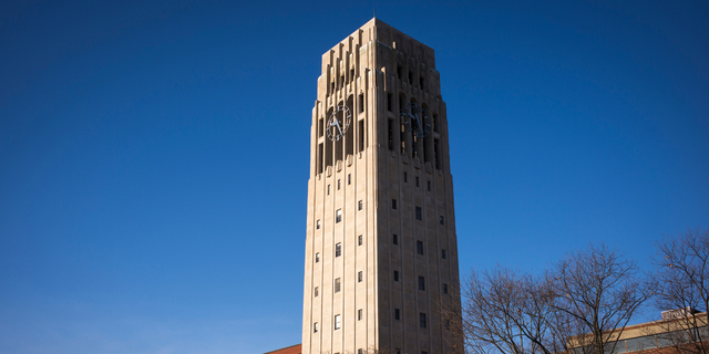 The Burton Memorial Tower stands on the central campus March 24, 2015, at the University of Michigan in Ann Arbor, Michigan. Built in 1936, the 120' tower is named for University President Marion Leroy Burton, who served from 1920-1925. 