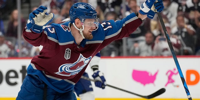 Colorado Avalanche right wing Valeri Nichushkin celebrates his goal against the Tampa Bay Lightning during the second period in Game 2 of the NHL hockey Stanley Cup Final, Saturday, June 18, 2022, in Denver.