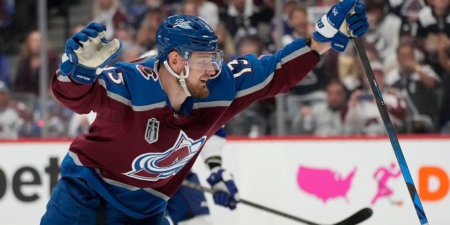 Colorado Avalanche right wing Valeri Nichushkin celebrates his goal against the Tampa Bay Lightning during the second period in Game 2 of the NHL hockey Stanley Cup Final, Saturday, June 18, 2022, in Denver.