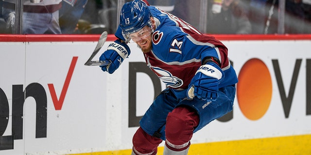Colorado Avalanche right Valeri Nichushkin (13) celebrates after scoring a second period goal during the Stanley Cup Finals game 5 between the Tampa Bay Lightning and the Colorado Avalanche at Ball Arena in Denver, Colorado on June 24, 2022.