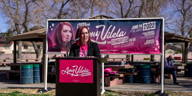 Democratic Nevada congressional candidate Amy Vilela delivers remarks during a canvass launch and campaign rally on February 19, 2022 in Las Vegas, NV.