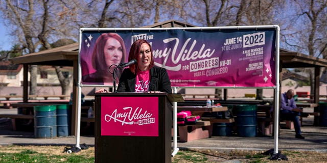 Democratic Nevada congressional candidate Amy Vilela delivers remarks during a canvass launch and campaign rally on Feb. 19, 2022 in Las Vegas, NV.