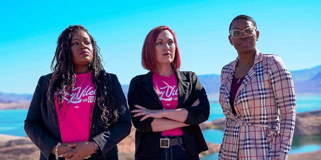 Nevada Democratic congressional candidate Amy Vilela appears alongside Rep. Cori Bush, D-Mo., and Democratic Ohio State Sen. Nina Turner at a campaign event on Feb. 19, 2022 in Boulder City, NV.