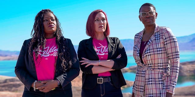 Nevada Democratic congressional candidate Amy Vilela appears alongside Rep. Cori Bush, D-Mo., and Democratic Ohio State Sen. Nina Turner at a campaign event on Feb. 19, 2022 in Boulder City, NV.