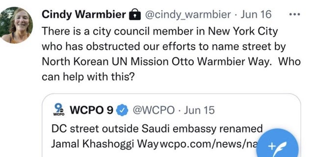 Following the renaming of a Washington D.C. street after Jamal Khashoggi, Cindy Warmbier tweets in support of proposal to rename Manhattan street after her son.