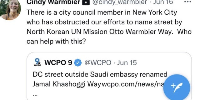 Following the renaming of a Washington D.C. street after Jamal Khashoggi, Cindy Warmbier tweets in support of proposal to rename Manhattan street after her son.