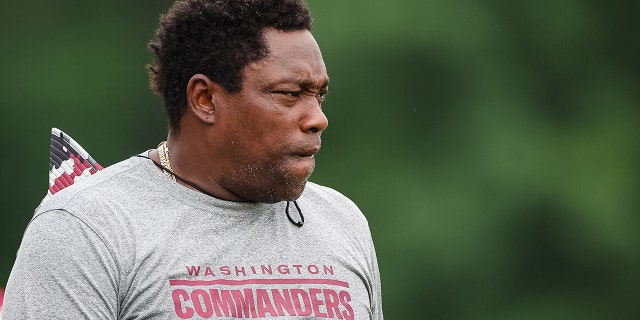 NFL Hall of Fame defensive lineman Warren Sapp during a Washington Commanders practice at INOVA Sports Performance Center June 14, 2022, in Ashburn, Va.