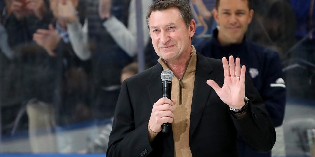 Wayne Gretzky addresses fans prior to the 2020 NHL All-Star Skills Competition at Enterprise Center on January 24, 2020 in St Louis, Missouri.