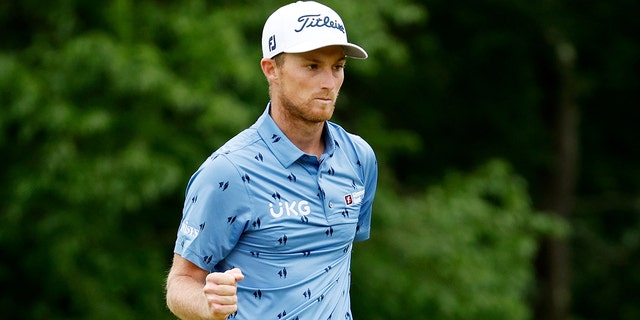 Will Zaratris of the United States will respond to Birdie's putt on the 11th green in the final round of the 122nd US Open Championship at the Country Club in Brookline, Massachusetts on June 19, 2022.