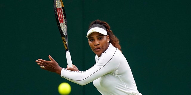 Serena Williams practices on Centre Court ahead of the 2022 Wimbledon Championship at the All England Lawn Tennis and Croquet Club, in London, Friday June 24, 2022. 
