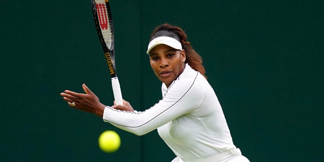 Serena Williams practices on Centre Court ahead of the 2022 Wimbledon Championship at the All England Lawn Tennis and Croquet Club, in London, Friday, June 24, 2022. 