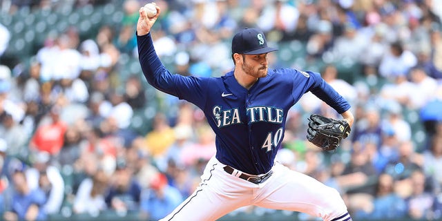 Wyatt Mills #40 of the Seattle Mariners pitches against the Philadelphia Phillies during the eighth inning at T-Mobile Park on May 11, 2022 in Seattle, Washington. 