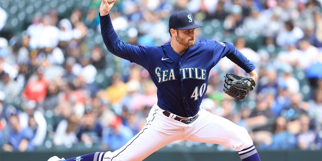 Wyatt Mills #40 of the Seattle Mariners pitches against the Philadelphia Phillies during the eighth inning at T-Mobile Park on May 11, 2022 in Seattle, Washington. 