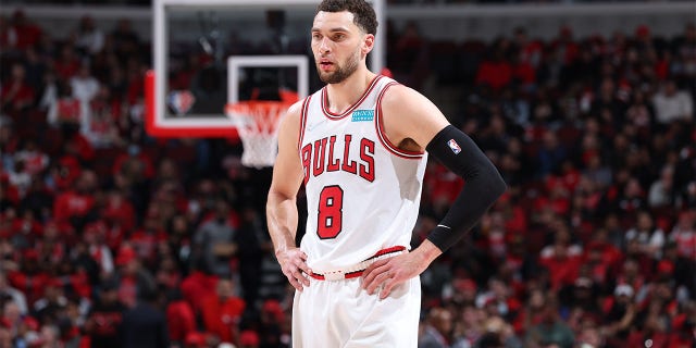 Zach LaVine #8 of the Chicago Bulls looks on during Round 1 Game 3 of the 2022 NBA Playoffs against the Milwaukee Bucks on April 22, 2022 at United Center in Chicago, Illinois.