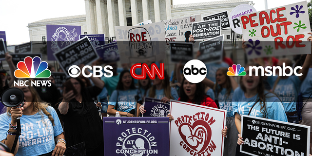 Anti-abortion demonstrators outside the US Supreme Court in Washington, D.C., after the ruling on Roe v. Wade on Friday, June 24, 2022, transposed with images of major media networks. 