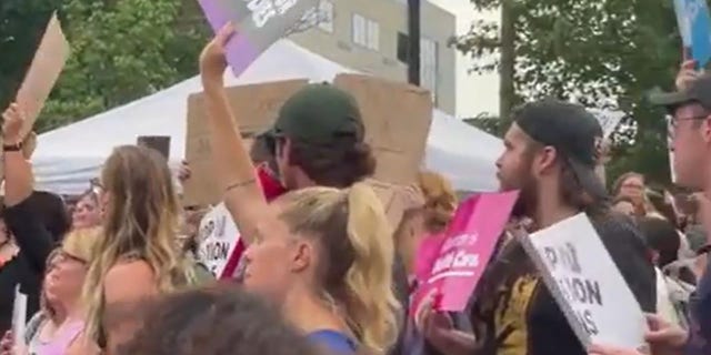 Pro-choice protesters gathered in St. Louis, Missouri, after the U.S. Supreme Court overturned Roe. v Wade on Friday, June 24. 