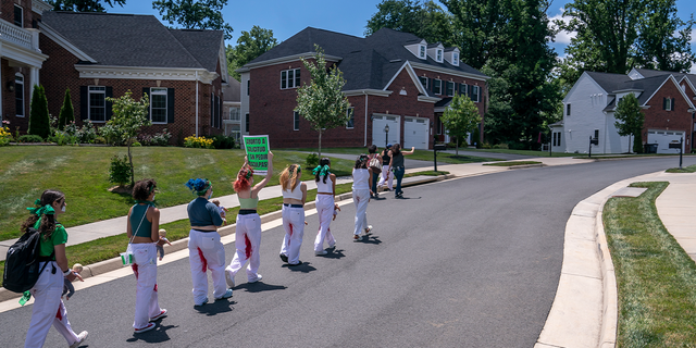 Pro-choice activists with Rise Up 4 Abortion Rights chant after marching to the home of Supreme Court Justice Amy Coney Barrett on June 18, 2022 in Falls Church, Virginia. According to the group, the dolls represent forced births. (Nathan Howard/Getty Images)