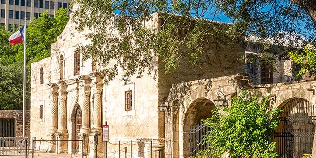 The facade of the Alamo Mission in San Antonio, Texas, is shown here. Enjoy some history at the Alamo, then take a stroll down River Walk and have dinner in any one of the romantic restaurants the city offers.