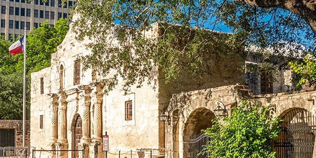 The facade of the Alamo Mission in San Antonio, Texas, is shown here.  Enjoy some history at the Alamo, then take a stroll down the River Walk and have dinner in any one of the romantic restaurants the city offers.