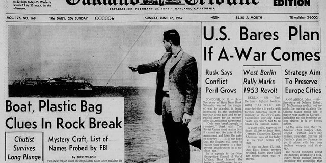 The escape of three convicts - John Anglin, Clarence Anglin, and Frank Morris - from Alcatraz including a suspected mystery boat seen on the San Francisco Bay the night of their disappearance is detailed in the June 17, 1962 edition of the Oakland Tribune newspaper. 