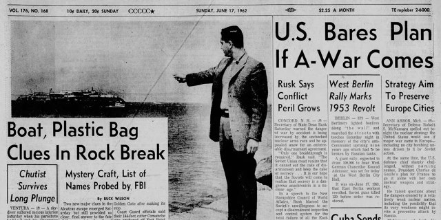 The escape of three convicts - John Anglin, Clarence Anglin, and Frank Morris - from Alcatraz including a suspected mystery boat seen on the San Francisco Bay the night of their disappearance is detailed in the June 17, 1962 edition of the Oakland Tribune newspaper. 