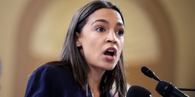 Rep. Alexandria Ocasio-Cortez, DN.Y., speaks during a news conference to discuss legislation that would strengthen Social Security benefits on Capitol Hill.  