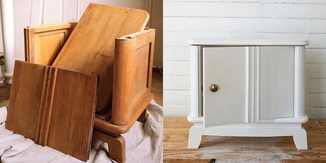 This combination of two photos shows a disassembled wooden cabinet, left, and the cabinet restored with white paint and brass hardware, featured in the book "Probably this housewarming party: a guide to creating a home you love," by Beau Ciolino and Matt Armato.  (Beau Ciolino via AP)