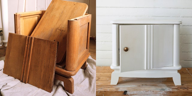 This combination of two photos shows a disassembled wood cabinet, left, and the cabinet refinished with white paint and brass hardware, featured in the book "Probably This Housewarming: A Guide to Creating a Home You Adore," by Beau Ciolino and Matt Armato. (Beau Ciolino via AP)