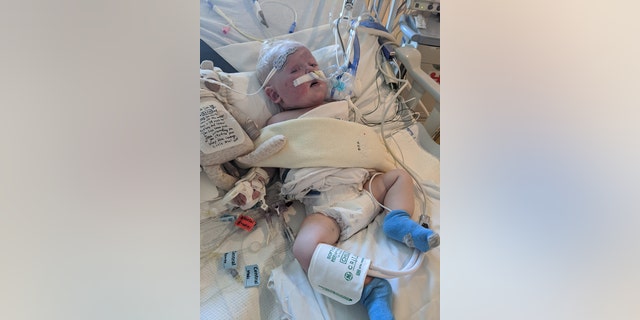 Baby August Stoll is shown during treatment at Vanderbilt University Hospital while suffering from heart failure. (@FightForAugust)