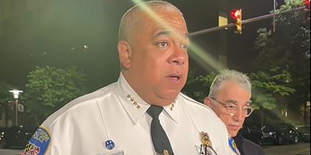 Baltimore Police Commissioner Michael Harrison spoke to reporters about the injured police sergeant from outside the University of Maryland’s Shock Trauma Center on Tuesday night.