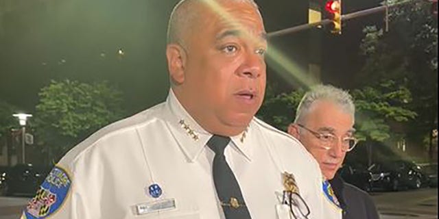 Baltimore Police Commissioner Michael Harrison spoke to reporters about the injured police sergeant from outside the University of Maryland’s Shock Trauma Center on Tuesday night.