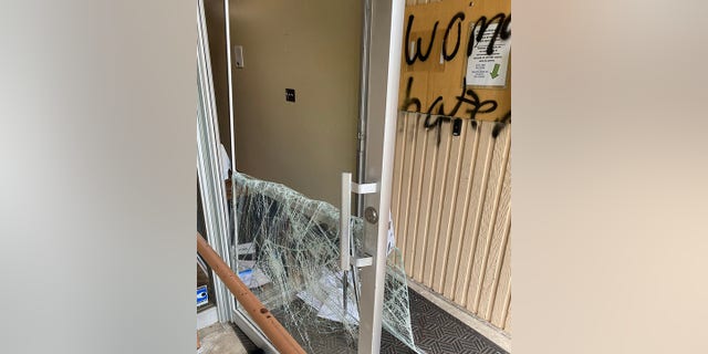 The suspect damaged glass doors and wrote multiple messages, one of which read: "woman haters."