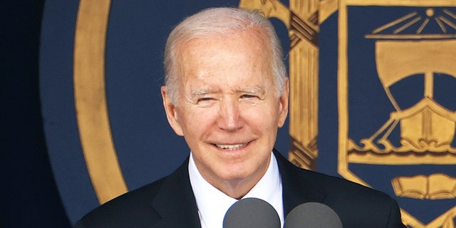 President Biden delivers the commencement address during the graduation and commissioning ceremony at the U.S. Naval Academy Memorial Stadium May 27, 2022, in Annapolis, Md.