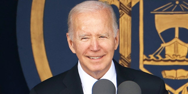 President Biden delivers the commencement address during the graduation and commissioning ceremony at the U.S. Naval Academy Memorial Stadium May 27, 2022, in Annapolis, Md.