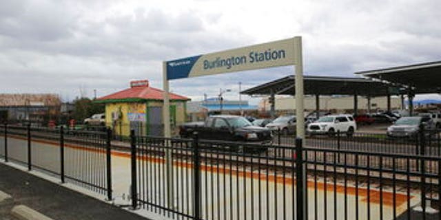 An Amtrak sign at the Burlington Station. The train will start running on July 29th.