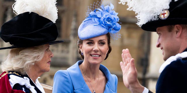 Catherine, Duchess of Cambridge and Prince William, Duke of Cambridge with Camilla, Duchess of Cornwall attend the Order of the Garter service at St George's Chapel on June 13, 2022 in Windsor, England. The Most Noble Order of the Garter is the oldest and most senior Order of Chivalry in Britain, established by King Edward III in 1348.