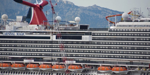 A close-up of the Carnival Magic cruise ship docked in Marseille.