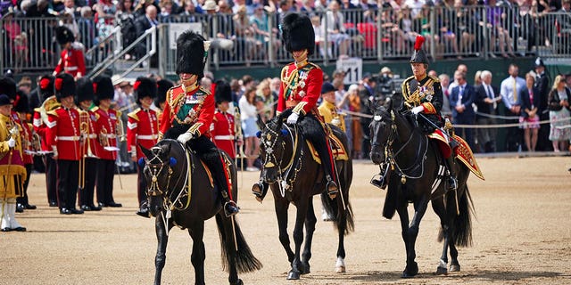 Britain's Prince Charles, Prince William and Princess Anne ride horses during the Trooping the Colour ceremony at Horse Guards Parade, as a part of the Queen's Platinum Jubilee celebrations, in London, Britain June 2, 2022.