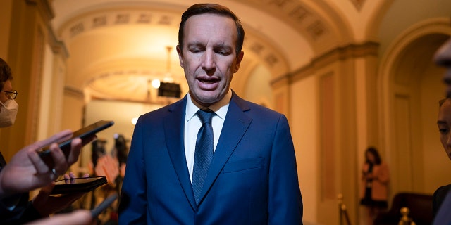 Sen.  Chris Murphy talks to reporters at the Capitol, Wednesday, June 22, 2022.