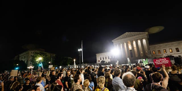 Protesters gather outside the Supreme Court building in Washington D.C. following Roe vs. Wade being overturned.