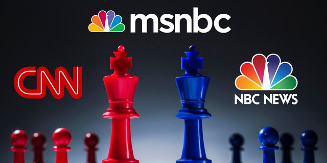 Studio shot of red and blue chess pawns symbolizing US Democratic and Republican parties - stock photo. (Tetra Images/Getty Images) transposed with the logos of CNN, MSNBC and NBC News. 