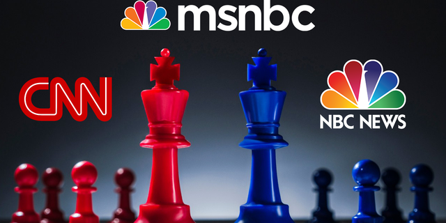 Studio shot of red and blue chess pawns symbolizing US Democratic and Republican parties - stock photo. (Tetra Images/Getty Images) transposed with the logos of CNN, MSNBC and NBC News.