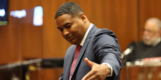 Deputy D.A. John McKinney offers opening statements during the trial of Eric Holder on Wednesday, June 15, 2022, in Los Angeles.