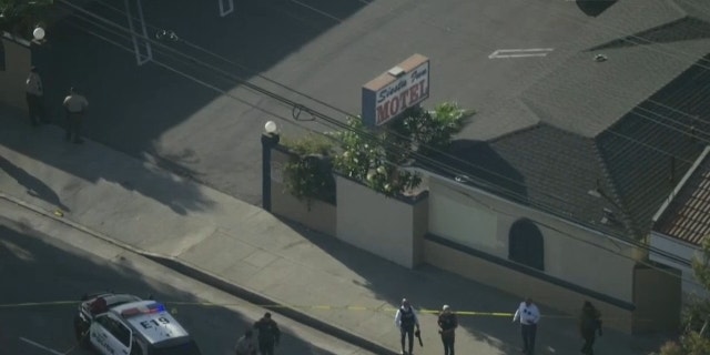 Aerials from the scene where two El Monte police officers were fatally wounded at a motel in Los Angeles County. 