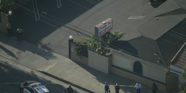 Aerials from the scene where two El Monte police officers were fatally wounded at a motel in Los Angeles County. 